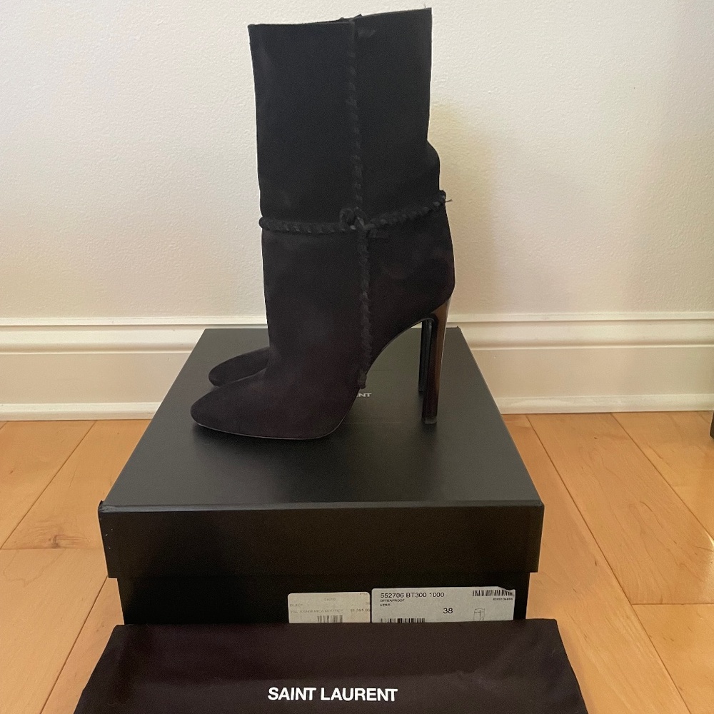 Saint Laurent Mica 105mm Black Suede Whipstitch Ankle Booties 38 IT - Picture 3 of 9